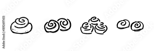 Cinnamon Roll Line Icon Set In Doodle Style. Bakery, Pastry, And Dessert Illustration Outline Sketch Collection. Sweet Treats And Breakfast Delights. Hand Drawn Isolated Vector Illustration