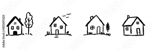Four Houses Line Icon Set In Doodle Style. Residential Architecture And Home Design Outline Sketch Collection. Simple And Charming Hand Drawn Isolated Vector Illustration