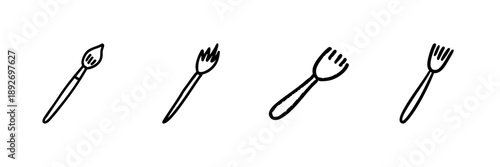 Paintbrush And Fork Line Icon Set In Doodle Style. Artistic Creativity And Culinary Tools Outline Sketch Collection. Hand Drawn Isolated Vector Illustration