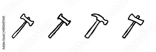 Various Hammer And Axe Line Icon Set In Doodle Style. Construction Tools, Carpentry, And Woodworking Equipment Outline Sketch Collection. Hand Drawn Isolated Vector Illustration