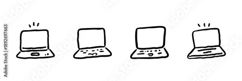 Laptops Line Icon Set In Doodle Style. Digital Communication, Remote Work, And Technology Devices Outline Sketch Collection. Hand Drawn Isolated Vector Illustration
