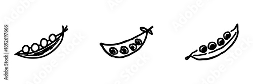 Pea Pod Line Icon Set In Doodle Style. Fresh Produce, Nutrition, And Healthy Eating Outline Sketch Collection. Vegetarian And Vegan Food Symbol. Hand Drawn Isolated Vector Illustration