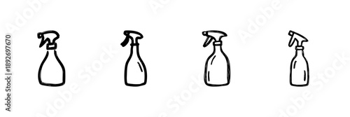 Spray Bottle Line Icon Set In Doodle Style. Cleaning, Disinfection, And Sanitization Tools Outline Sketch Collection. Household And Industrial Use. Hand Drawn Isolated Vector Illustration