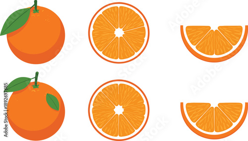 Collection of fresh orange fruits with green leaves, halves, and slices isolated on white background.