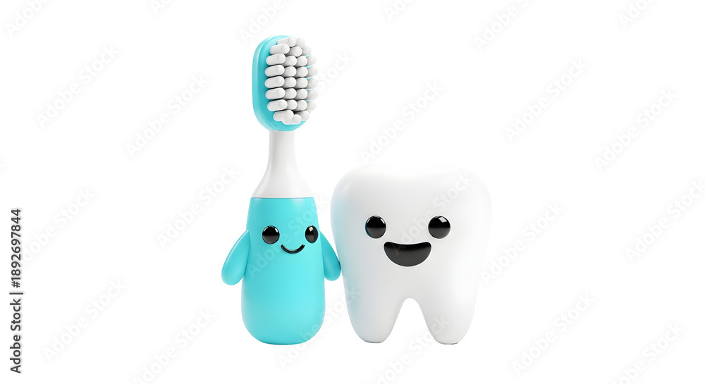 Fototapeta premium Cartoon toothbrush and tooth characters with playful expressions on transparent background