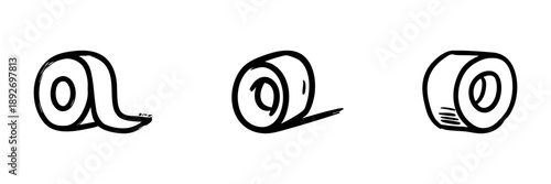 Three Types Of Adhesive Tape Line Icon Set In Doodle Style. Office, Crafting, And Packaging Tape Outline Sketch Collection. Versatile Stationery Tools. Hand Drawn Isolated Vector Illustration