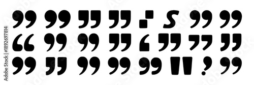 Close-up of quotation marks in various styles and sizes, black text on a white background, emphasizing typography and punctuation symbols