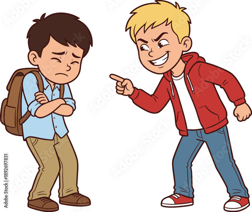 Cartoon illustration of school bullying scene showing aggressive boy teasing sad student with backpack, highlighting harassment, peer pressure, and child abuse awareness concepts
