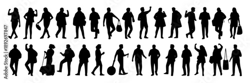 Collection of black silhouette figures of people in various poses with background of different shadow patterns