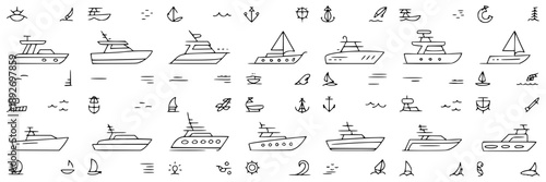 Line drawing series of various sailing ships and boats in different styles and sizes, arranged in multiple rows on a white background