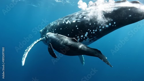 Mother whale with young calf underwater in deep blue ocean sea, graceful humpback whale family, peaceful marine wildlife nature scene, majestic aquatic mammal duo gliding through clear water