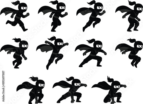 Cartoon ninja character action pose set with running jumping fighting movements, black silhouette warrior illustration collection isolated on white background for game animation design
