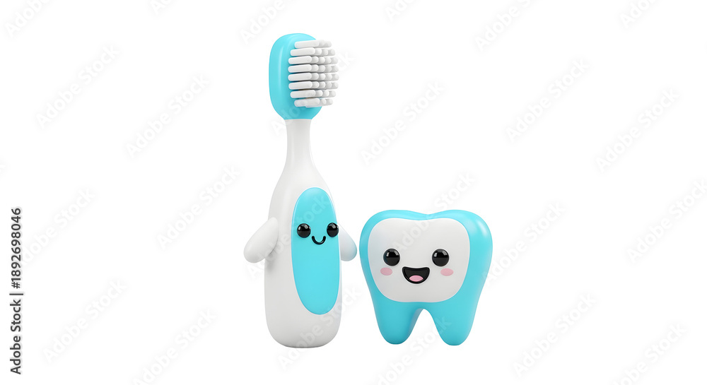 Fototapeta premium Cute cartoon toothbrush and happy tooth characters on transparent background