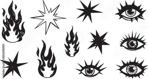 Crayon lightning, fire and star doodle shapes set. Hand drawn charcoal graffiti punk pencil simple scribble element. Flash lightning fire star pastel punk rock vector grange