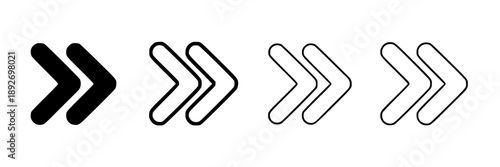 Set of four black and white arrow icons depicting forward movement and progression in vector style