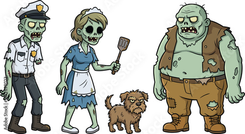 Cartoon zombie character set including police officer maid fat zombie and dog, halloween horror illustration isolated on white background vector design for branding