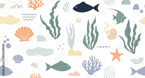 Minimal pastel ocean pattern vector set with fish, coral, seaweed, shells, starfish, abstract waves, and modern underwater decorative elements