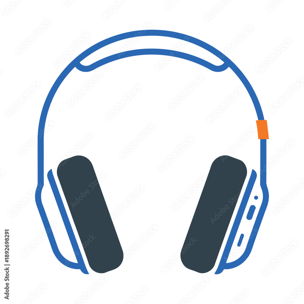 Obraz premium Stylized blue and charcoal headphone icon on white background, modern tech illustration with orange accent detail, clean minimalist vector style.