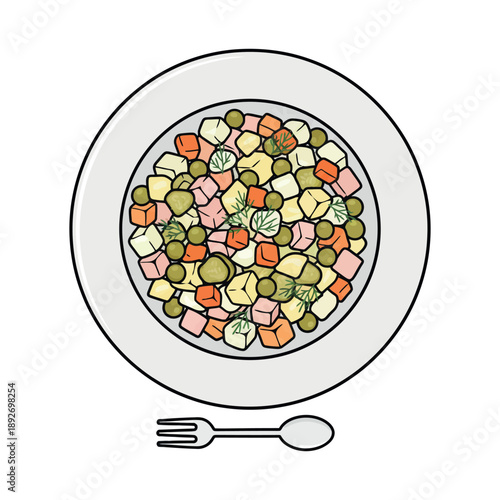 A colorful illustration of a olivier salad with diced vegetables such as carrots, potatoes, and peas, served on a white plate.