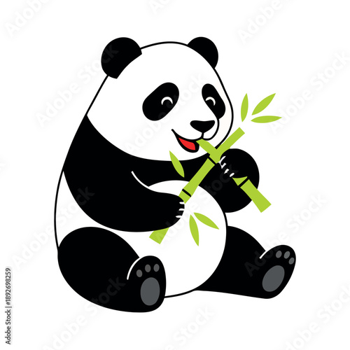 A cute panda happily eating bamboo, with green bamboo leaves in its paws.