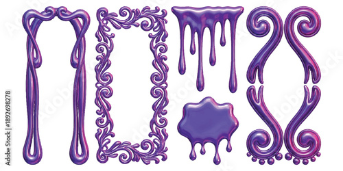 Collection of shiny purple fluid decorative elements with ornate frames, dripping paint splatters, and whimsical swirls vector illustration