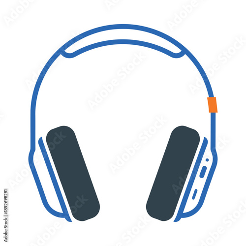 Stylized blue and charcoal headphone icon on white background, modern tech illustration with orange accent detail, clean minimalist vector style.