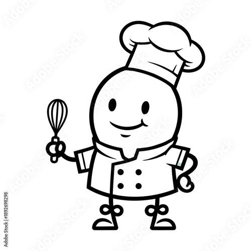 Black and white line art illustration of a cute chef character holding a whisk, minimalist coloring book style culinary mascot on white background.