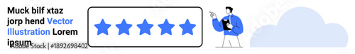 User feedback, quality control, rating systems, customer satisfaction, online services, professional reviews. A five-star review bar and a person pointing at it. User feedback and quality control