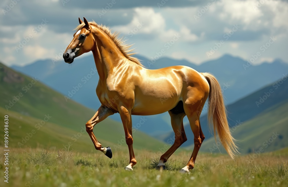 Obraz premium Golden Akhal-Teke horse walks gracefully in a mountain meadow. This beautiful purebred mare has a shiny coat. It is a rare, athletic animal enjoying freedom on green summer pasture under a blue sky.