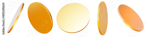 3d golden coin, disk, podium or shape element with different angles. Gold circle figure. Metal abstract element. Stock vector illustration on isolated background.