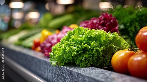 Bright colors of fresh vegetables and fruits are arranged neatly in a market. Lettuces and tomatoes create an inviting look. The atmosphere is lively, showcasing a variety of produce.