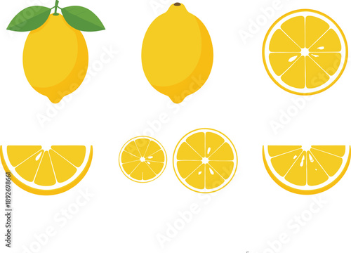 Collection of fresh yellow lemon fruits, halves, and slices isolated on white background.