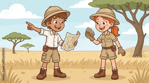 Cute cartoon safari kids exploring savanna with map and stone discovery, adventurous children characters in African landscape illustration for education learning storybook