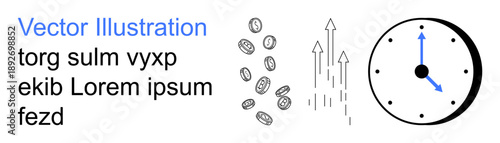 Finance, time management, economic growth, investment, profitability, schedule tracking. Black coins, upward arrows and a clock with blue hands. Finance and time management idea