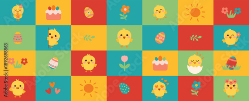 Spring Easter border flat vector style Adorable Easter vector illustration with chicks and eggs Cute border for cards and web