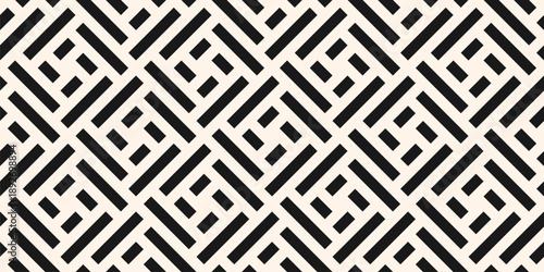 Vector abstract geometric seamless pattern. Stylish ornament with lines, concentric shapes, repeat tiles. Simple black and white geo texture. Modern geometrical background. Repeated all-over design
