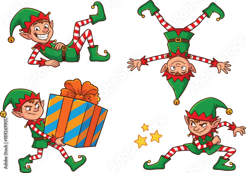 Cute Christmas elf character set with playful poses gift carrying acrobat actions cartoon illustration isolated on white background for holiday design