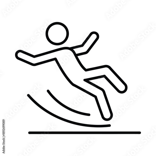 Simple black line art pictogram of a person falling or slipping on a flat surface with motion lines isolated on transparent background