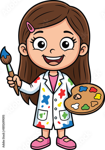 Cute little girl artist holding paintbrush and palette colorful cartoon character illustration for children education creativity art class learning design