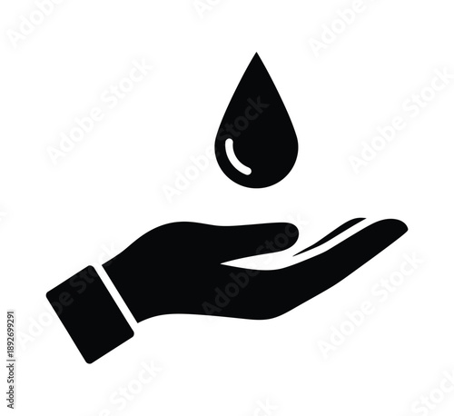 Symbol of a cupped human hand gently holding a single falling drop of water signifying care and hydration