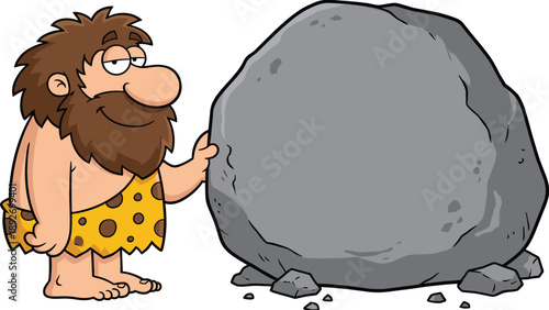 Funny cartoon caveman standing beside large stone rock, prehistoric human character illustration isolated on white background for history education concept design vector