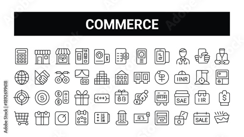 Commerce line icons banner with shopping, delivery, payment and business symbols
