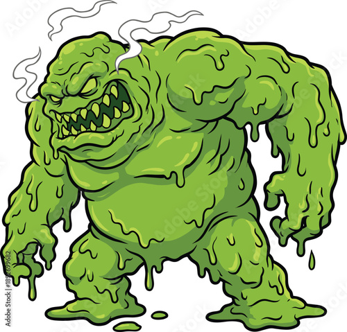 Green slime monster illustration toxic goo creature horror cartoon style isolated on white background for halloween game character mascot design vector sticker print
