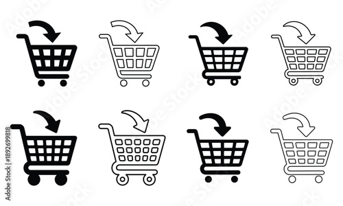 Shopping cart action icons set with add to cart and refresh arrows
