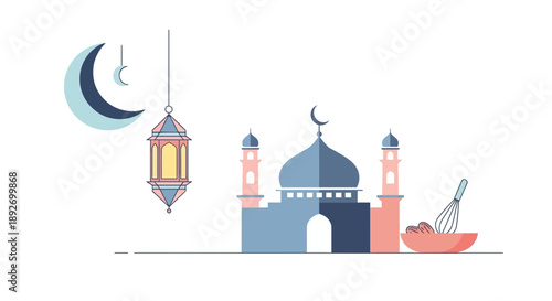 Celebrating Ramadhan Kareem with mosque, lantern, crescent, food, and spirituality in a serene illustration