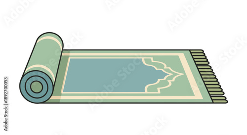 Prayer mat rolled up beside an unrolled one with a design on it, symbolizing Ramadhan Kareem preparations