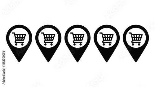 Shopping cart location pin icons, local store and retail map markers
