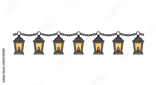 Celebrating Ramadhan Kareem with lanterns hanging from a chain, a festive scene at dusk