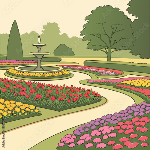 Vibrant Garden Landscape with Colorful Flower Beds and Greenery