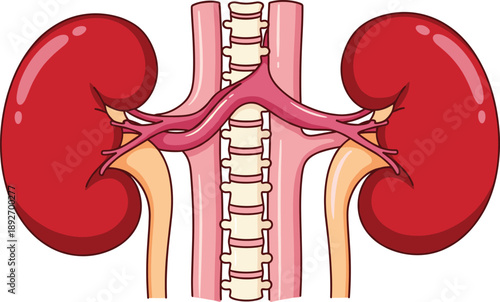 Anatomical illustration of human kidneys with blood vessels and spine section.